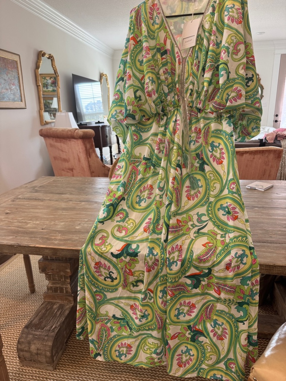 Paisley Print Maxi Dress in Green and Pink by ANANY